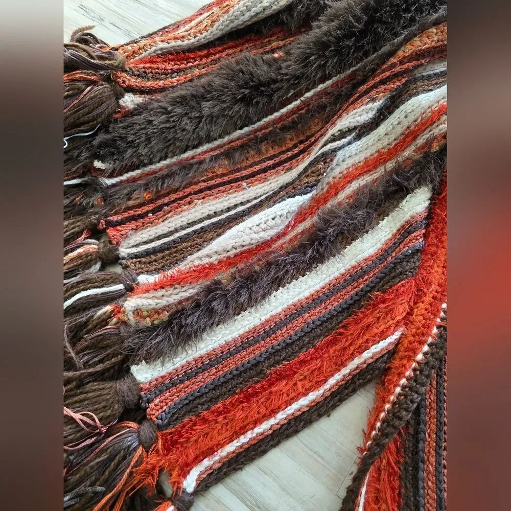 Handmade Thick Knit Fringe Throw Blanket Autumnal Colors Afghan 86x40